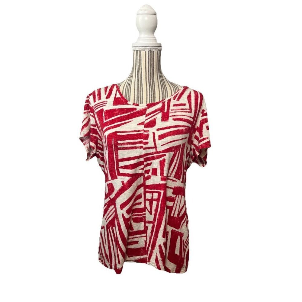 Chico's Red/White Rayon Blend Abstract Print Top Blouse Cap Sleeve Size 2-Large